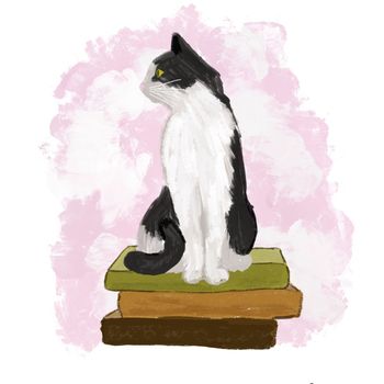 Hand drawn illustration of black white cat sitting on books. Poster for reading lover library design, cute domestic animal feline pet on pastel pink background, trendy graphic print