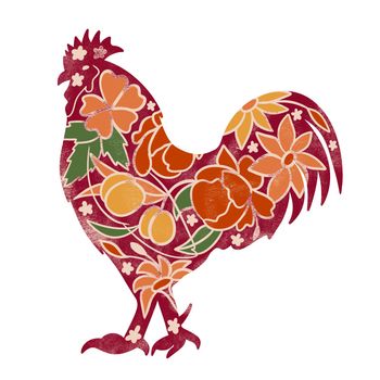 Hand drawn illustration of rooster chicken, domestic bird animal poultry. Rustic retro vintage logo design with floral flower ornament for packaging, organic food silhouette farm livestock
