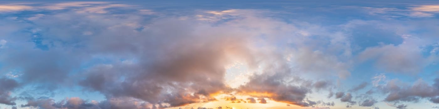 Dark blue sunset sky panorama with pink Cumulus clouds. Seamless hdr 360 pano in spherical equirectangular format. Full zenith for 3D visualization, game, sky replacement for aerial drone panoramas