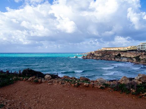 Golden Bay beach, Maltese islands. landscape. windy cloudy weather