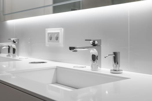 Close-up of two stylish sinks with faucets in white bathroom with a bevelled mirror and backlight. Concept of a modern stylish bathroom for a hotel or spacious home.