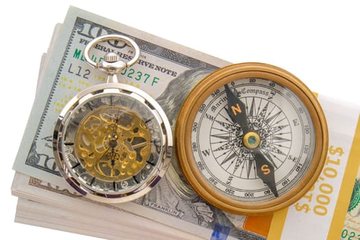 Stack of 10,000 in hundred dollar bills banded with gold band, with a compass, modern pocket watch placed on top, white background, clipping path. Concept time is money. High quality photo