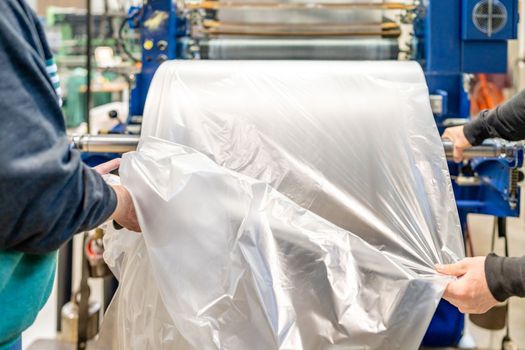 production of plastic bags in the factory. 