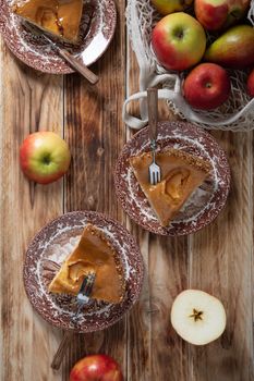 Thanksgiving Rustic wooden table setting with apple pie, home baking, High quality photo