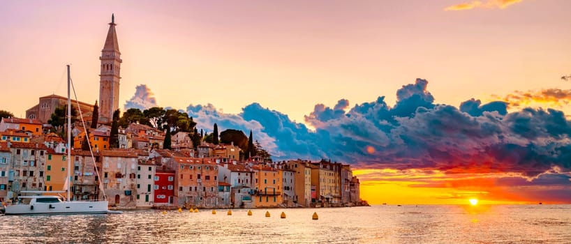 Rovinj village during sunset Adriatic sea Croatia, sunset at Rovinj town Croatia.