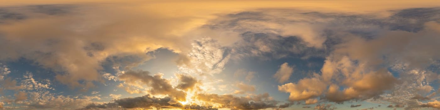 Sky panorama with Cirrus clouds in Seamless spherical equirectangular format. Full zenith for use in 3D graphics, game and editing aerial drone 360 degree panoramas for sky replacement