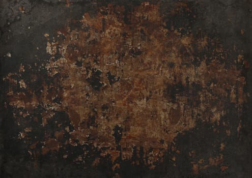 Close up grunge brown abstract uneven background texture of vintage weathered corroded rusty metal surface with dark vignette frame