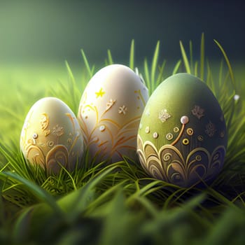 Painted Easter eggs on the grass. Generative AI.