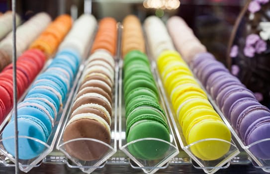 Close up of many colorful biscuits in the pastry shop
