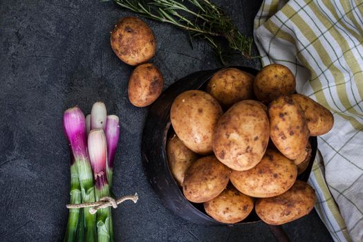 Close up of spring onions and new potatoes on dark background