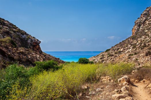 View of Cala Pulcino famous sea place of Lampedusa, Sicily