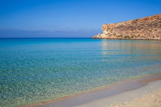 View of the most famous sea place of Lampedusa, It is named Spiaggia dei conigli, in English language Rabbits Beach or Conigli island