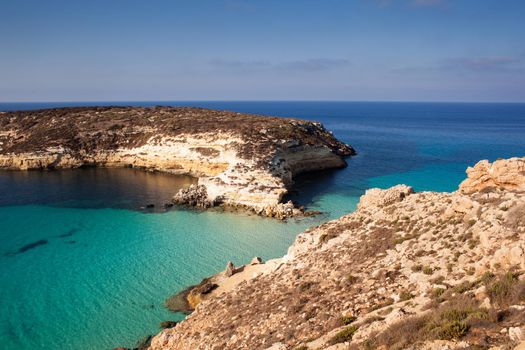 View of the most famous sea place of Lampedusa, It is named Spiaggia dei conigli, in English language Rabbits Beach or Conigli island