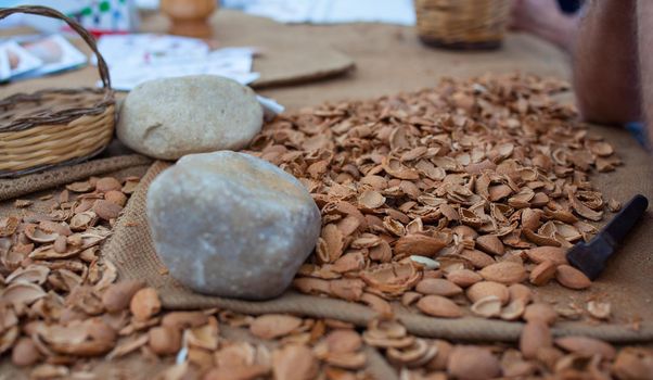 Close up of many blanched almonds