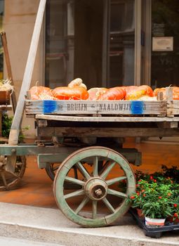 View of Pumpkins on vintage wooden cart