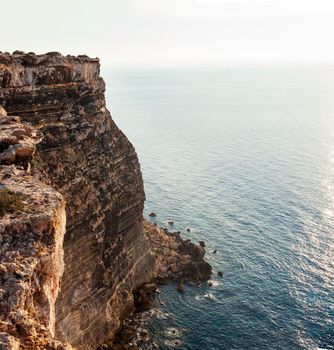 View of the scenic cliff coast of Lampedusa, Sicily