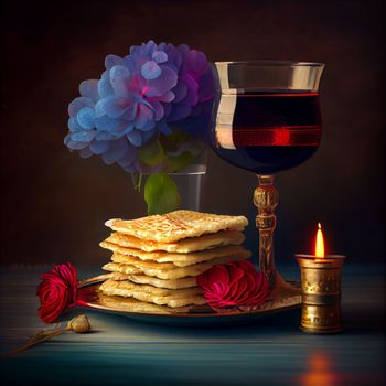 Pesah celebration, jewish Passover holiday. flowers and matza greeting card. AI Generative.