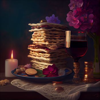 Pesah celebration, jewish Passover holiday. flowers and matza greeting card. AI Generative.