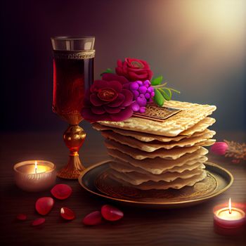 Pesah celebration, jewish Passover holiday. flowers and matza greeting card. AI Generative.