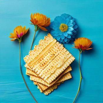 Pesah celebration, jewish Passover holiday. flowers and matza greeting card. AI Generative.