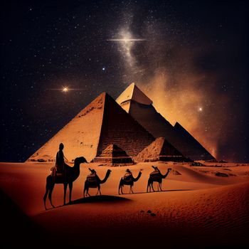 The Pyramids of Giza by night in Egypt. AI Generative.