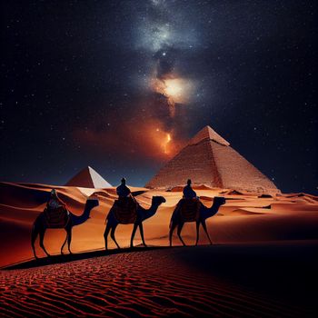 The Pyramids of Giza by night in Egypt. AI Generative.