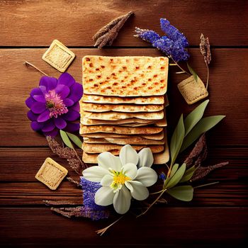 Pesah celebration, jewish Passover holiday. flowers and matza greeting card. AI Generative.