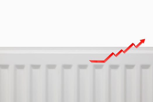 Increasing energy bills. Rising red arrow on a heating radiator. Cost of living crisis. recession inflation concept copy space close up