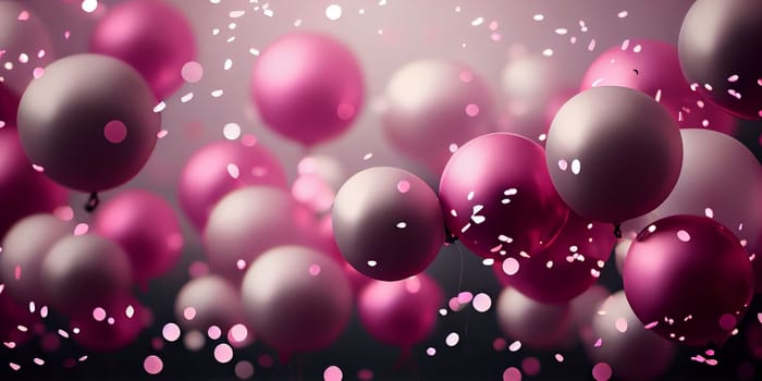 Pink birthday balloons over abstract background. AI Generative.