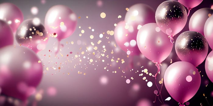 Pink birthday balloons over abstract background. AI Generative.