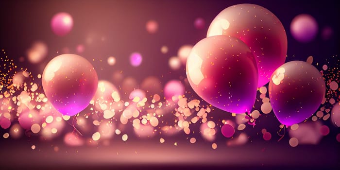 Pink birthday balloons over abstract background. AI Generative.