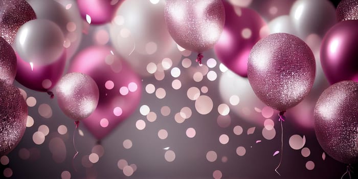 Pink birthday balloons over abstract background. AI Generative.