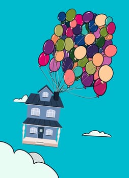 The house flies balloons. Illustration on a blue background.