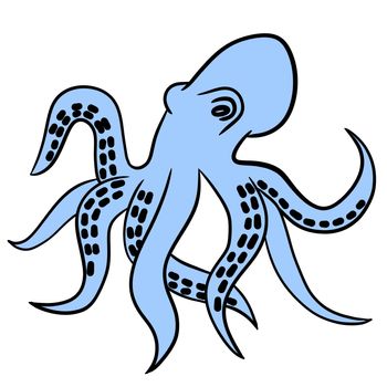 Hand drawn illustration of sea ocean blue octopus with tentacles. Simple cartoon drawing of wild sea creature animal species, marine underwater life, nautical design, aquatic sketch squid tattoo