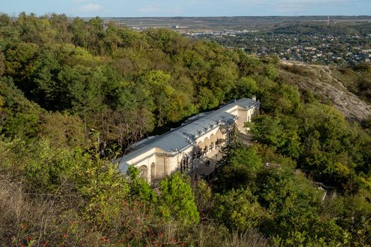 Pyatigorsk, Stavropol Territory - October 12, 2022 Top view of the historical and architectural monument Academic (Elizavetinskaya) gallery in the park. Lermontov places.