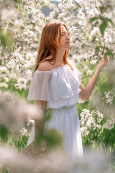 Woman cherry orchard. A happy woman in a long white long dress walks through the green spring blooming cherry garden. Happy cheerful princess bride. The fabric of the skirt flutters in the wind