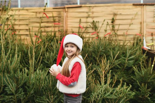 A girl chooses a christmas tree at a shop