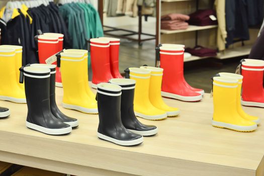 Rubber boots of different colors on store shelves in a shop