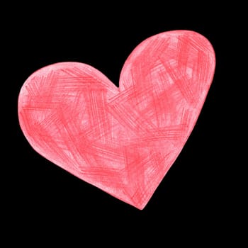Red Heart Drawn by Colored Pencil. The Sign of World Heart Day. Symbol of Valentines Day. Heart Shape Isolated on Black Background.