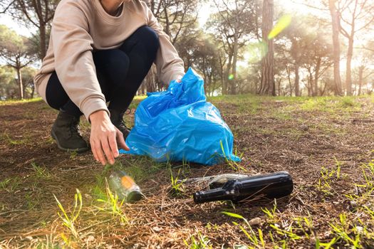 Unrecognizable women pick up plastic trash to clean forest. Copy space. Ecology concept.