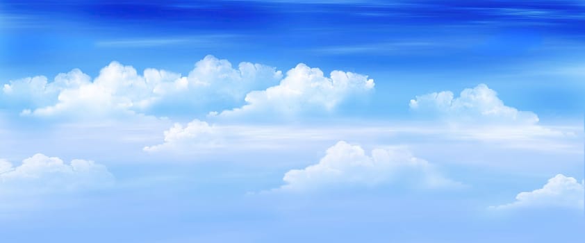White Clouds in a Blue Sky. Digital Painting Background, Illustration.