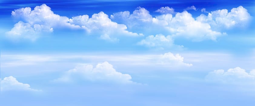 White Clouds in a Blue Sky. Digital Painting Background, Illustration.