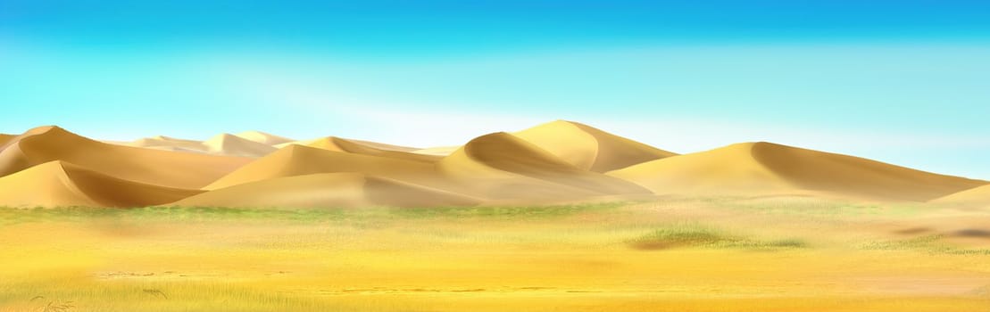 Desert landscape with yellow Sand dunes at day. Digital Painting Background, Illustration.