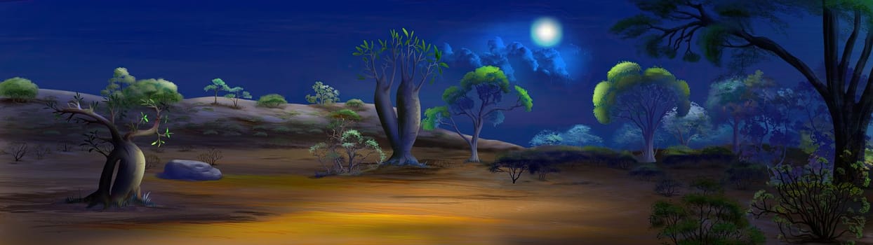 African savannah landscape on a moonlit night. Digital Painting Background, Illustration.
