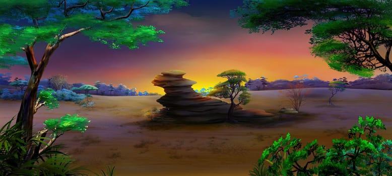African savannah landscape at sunset. Digital Painting Background, Illustration.