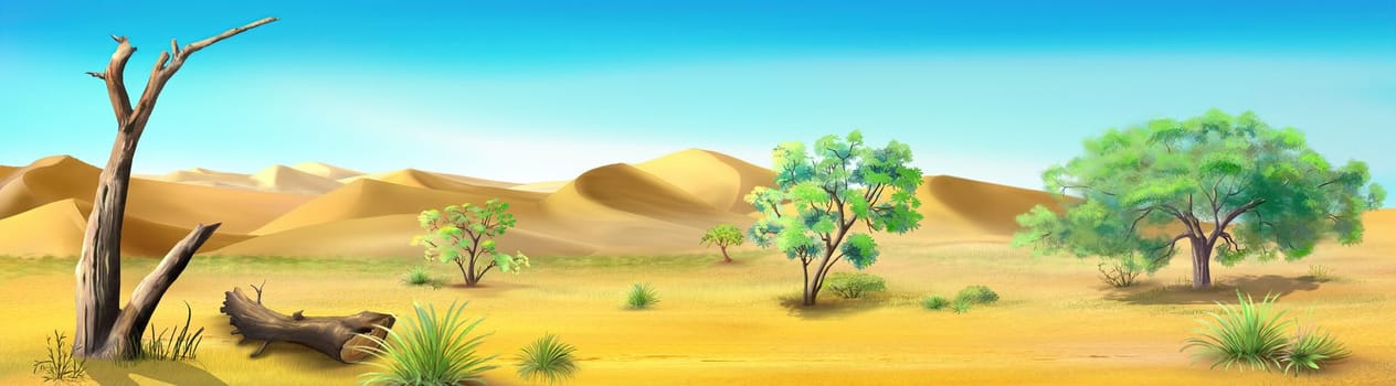 Desert landscape with trees near a sandy dunes at day. Digital Painting Background, Illustration.
