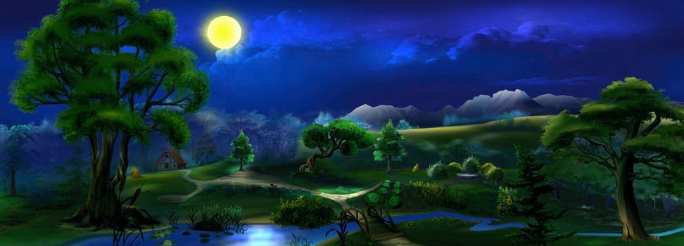 Moonlight summer night in the park near the river. Digital Painting Background, Illustration.