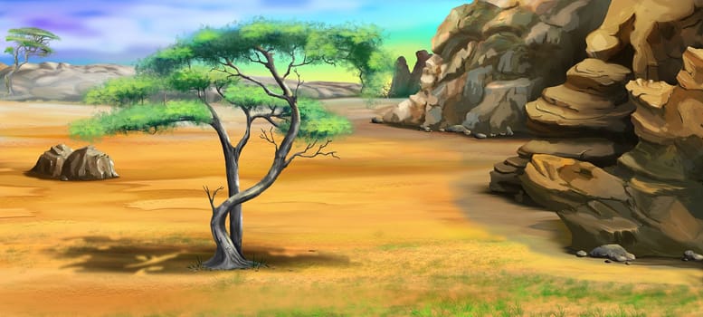 Acacia Tree Near the Rocky Mountains on a Summer Day. Digital Painting Background, Illustration.