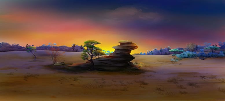 African savannah landscape at sunrise. Digital Painting Background, Illustration.