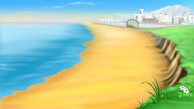 Desert Mediterranean sandy Coast on a sunny day. Digital Painting Background, Illustration.